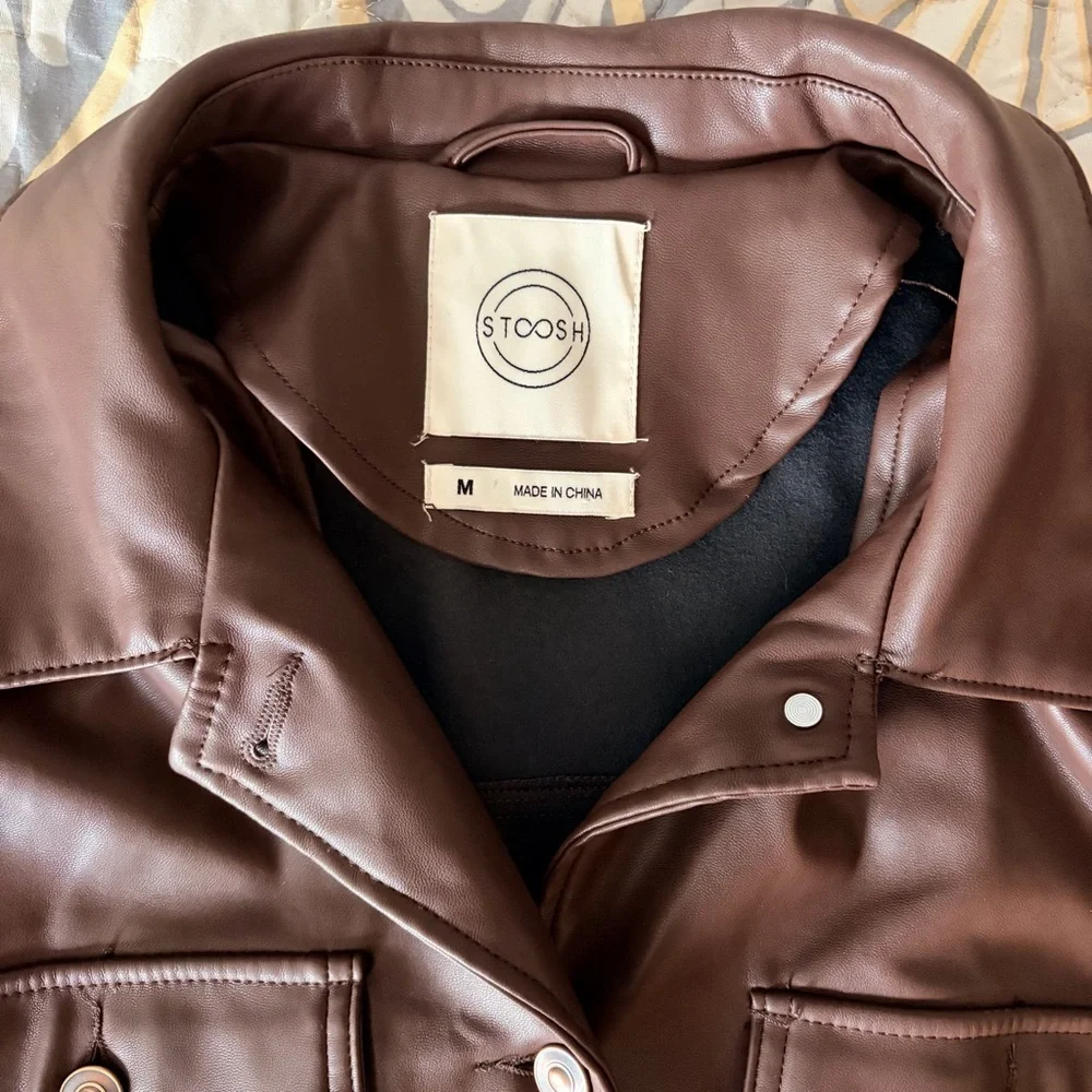Stoosh Brown Leather Jacket, Zumiez, Buckle, Front pockets, button down, M
